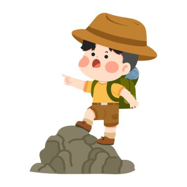 Cesur genç bir maceracı engebeli araziye tırmanıyor. Çocukların yaratıcı açık hava görsellerini öğrenmedeki kararlılığını ve çabalarını gösteriyor.