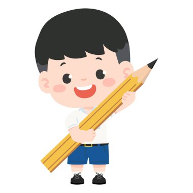 Yaratıcılık okulu aktivitelerini ve çocukların görsellik öğrenmesi için pozitif eğitim temasını gösteren büyük bir yazı aracı tutan neşeli bir öğrenci.