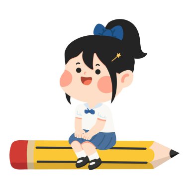 Neşeli çocuk, neşeli ruh hali çizgi film stili öğrenme tema yaratıcı konsepti basit sahne ile büyük yazma aracının tepesine tünedi.