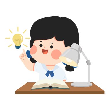 Mutlu öğrenci notlar üzerinde çalışırken parlak düşünce yukarıda görünür yaratıcı sahne için pozitif ruh hali yaratır.