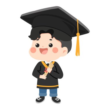 Akademik şapka takan mutlu erkek öğrenci sertifikası başarısını ve neşesini gösteriyor.