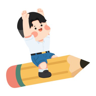 Mutlu çocuk kollarını kaldırıp neşeli ruh hali ve yaratıcı ruha sahip büyük bir yazma aracıyla seyahat ediyor.