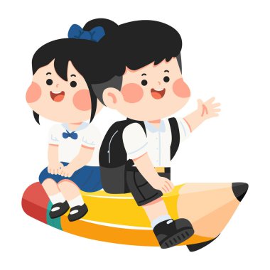 Mutlu çocuklar hayal gücünde geziyorlar. Büyük boyutlu yazma araçları, neşeli bir ruh hali ve yaratıcı bir ruhu var.