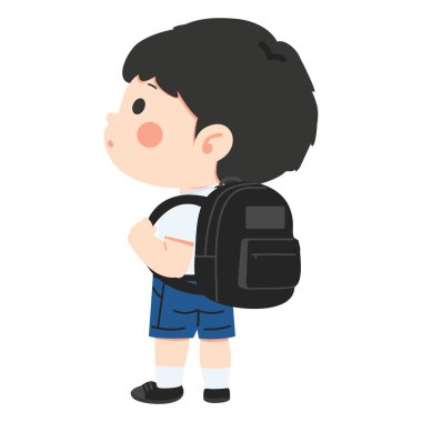 Neşeli bir ruh hali ve yaratıcı sahne için neşeli bir enerjiyle sınıfa giderken seyahat çantası takan mutlu bir çocuk.