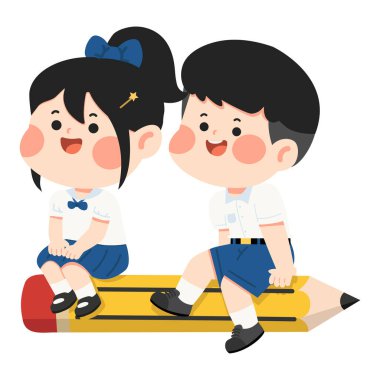 Mutlu çocuk uzun yazma aletinin üzerinde neşeli bir ruh hali ve çocuk sanatı için yaratıcı bir cazibeyle dinleniyor.