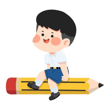 Mutlu çocuk uzun yazma aletinin üzerinde neşeli bir ruh hali ve çocuk sanatı için yaratıcı bir cazibeyle dinleniyor.