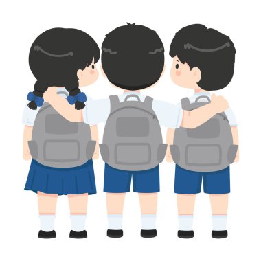 Bir grup genç öğrenci okul çantalarını takıyor. Yan yana duruyorlar. Arkadaşlık ve beraberlik gösteriyorlar.