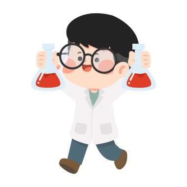 Laboratuvar önlüğü giyen genç bir araştırmacı elinde cam bardakla kırmızı solüsyon iletkenlik deneyiyle dolu.