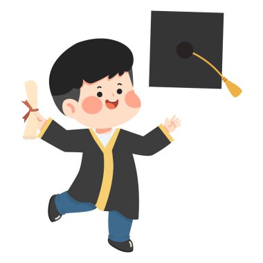 Akademik kıyafetli neşeli öğrenci şapkasını havaya fırlatarak başarıyı ve eğitimin tamamlanışını kutluyor.