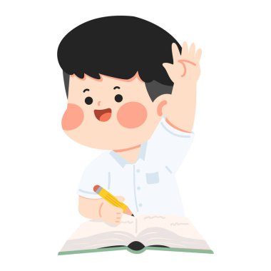 Erkek öğrenci sınıfta çalışırken el kaldırıyor. Öğrenme merakını ve aktif eğitimi temsil ediyor.