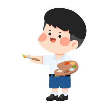 Çocuk öğrenci resim yaparken elinde bir sanat paleti tutarak yaratıcılığı, sanatsal öğrenme hayal gücünü ve öğrenci sanat aktivitelerini temsil ediyor.