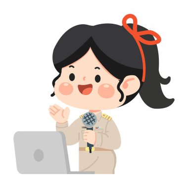 Sunum teknolojisi iletişimini ve mesleki eğitimi temsil eden bir dizüstü bilgisayarı sunarken elinde mikrofon tutan kadın