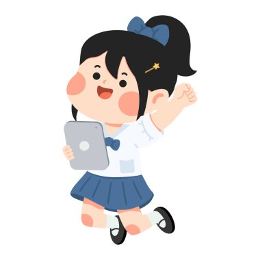 Okul üniformalı kız elinde dijital öğrenme modern eğitimi ve teknolojiyi temsil eden bir tablet tutuyor.