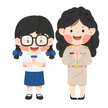 Kız öğrenci ve kadın öğretmen, Tayland 'da saygı, kültür, nezaket, gelenek ve eğitimdeki olumlu ilişkiyi temsil eden vai jest ile selamlıyorlar..