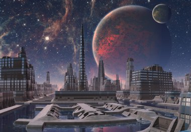Futuristik yabancı şehir - 3d bilgisayar resmi