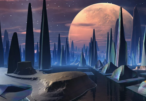 Cidade alienígena futurista - 3D Computer Artwork — Fotografia de Stock
