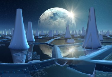 Futuristik yabancı şehir - 3d bilgisayar resmi