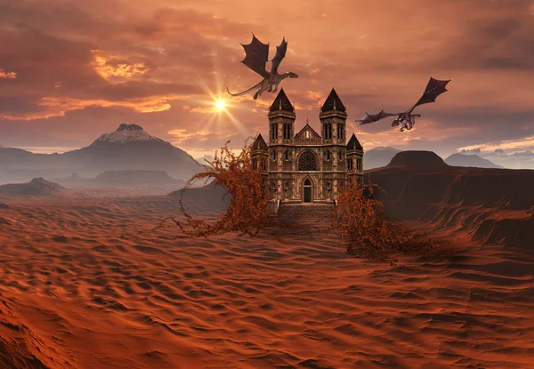 Fantasy landskap med ett slott och drakar — Stockfoto