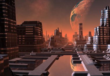 Futuristik yabancı şehir - 3d bilgisayar resmi