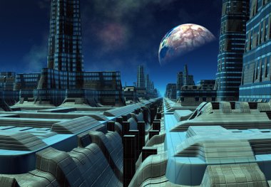 Futuristik yabancı şehir - 3d bilgisayar resmi