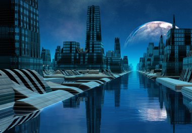 Futuristik yabancı şehir - 3d bilgisayar resmi