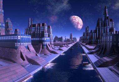 Futuristik yabancı şehir - 3d bilgisayar resmi