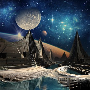 Futuristik yabancı şehir - 3d bilgisayar resmi