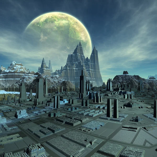 Cidade alienígena futurista - 3D Computer Artwork — Fotografia de Stock