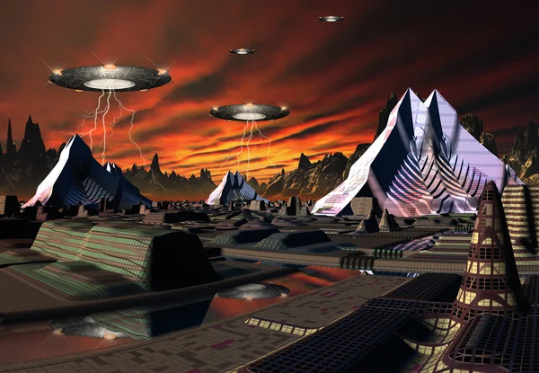Futuristische außerirdische Stadt - 3D-Computergrafik — Stockfoto