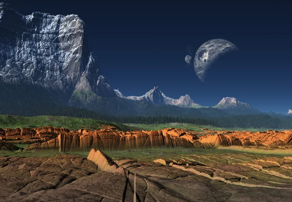 Planeta extraterrestre - Paisaje 3D renderizado —  Fotos de Stock