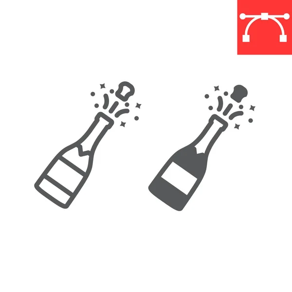 Champagne bottiglia popping line e icona del glifo, Buon Natale e bere, grafica vettoriale segno di alcol, icona lineare tratto modificabile, eps 10. — Vettoriale Stock