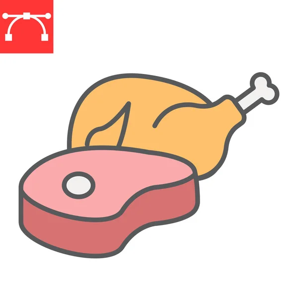 Ícone de linha de cor de carne e aves, carne de frango e bife, gráficos vetoriais de sinal de carne, ícone de esboço preenchido com curso editável, eps 10. — Vetor de Stock