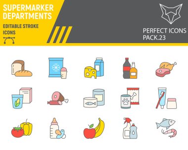 Süpermarket departmanları renk çizgisi simgesi seti, market koleksiyonu, vektör çizimleri, logo illüstrasyonları, çevrimiçi satış simgeleri, süpermarket tabelaları doldurulmuş piktogramlar, düzenlenebilir felç.