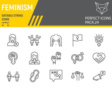 Feminizm çizgi simgesi seti, cinsiyet eşitliği koleksiyonu, vektör çizimleri, logo illüstrasyonları, feminizm simgeleri, eşit haklar tabelaları doğrusal piktogramlar, düzenlenebilir felçler.