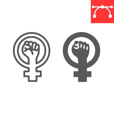 Feminizm çizgisi ve sembolik simge, yumruk ve protesto, kadınlar işaret vektör grafiklerine, düzenlenebilir çizgi ikonuna karşı direniyor..