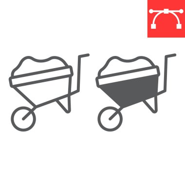 El arabası çizgisi ve kabartma simgesi, inşaat ve tarım, el arabası işareti vektör grafikleri, düzenlenebilir çizgi simgesi, 10.