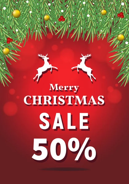 Frohe Weihnachten Verkauf 50 Prozent Rabatt, Rabattart Text, Weihnachtsrabatt Vektor, roter Hintergrund mit Tannenzweigen, Weihnachtsverkauf Banner. — Stockvektor