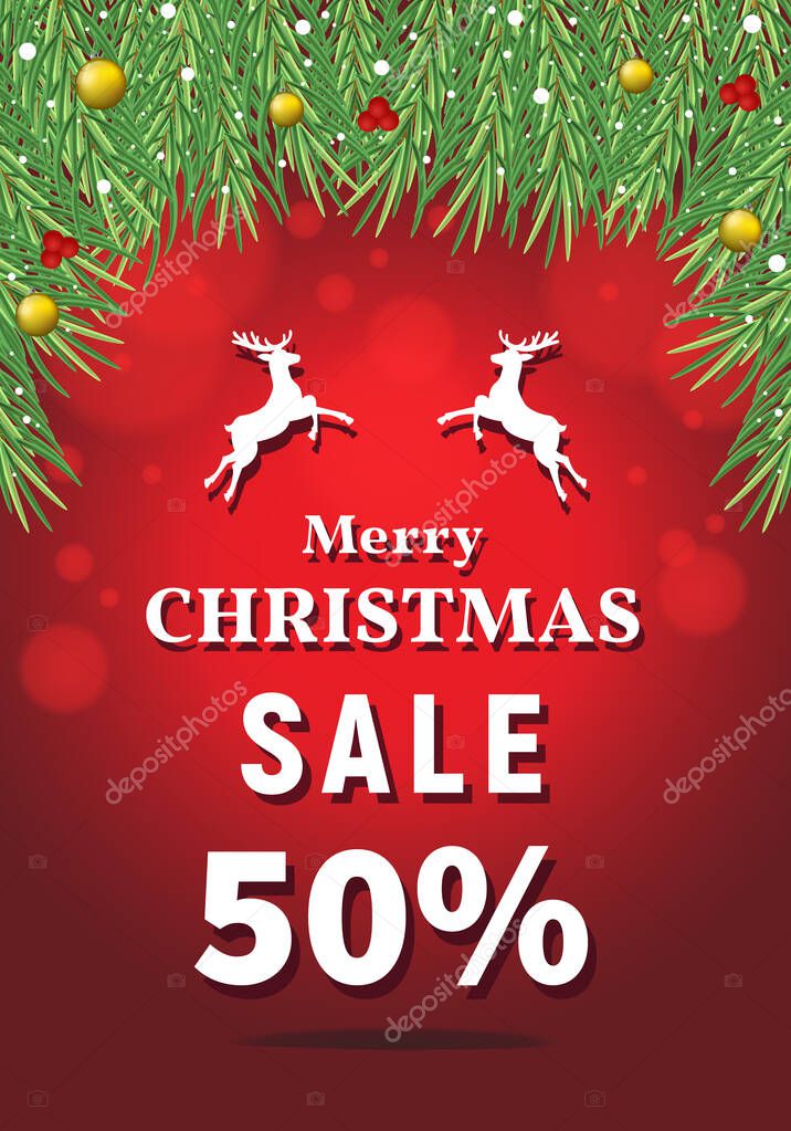 Merry Christmas sale 50 percent off, discount type text, Christmas discount vector, red background with fir tree branches, Christmas sale banner