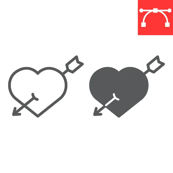 Pierced heart with arrow line and glyph icon, valentines day and love, heart with arrow sign vector graphics, editable stroke linear icon, eps 10. — Stok Vektör