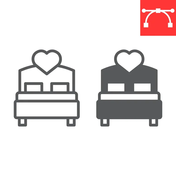 Love bed line and glyph icon, valentines day and sex, bed with heart sign vector graphics, editable stroke linear icon, eps 10. — Stok Vektör