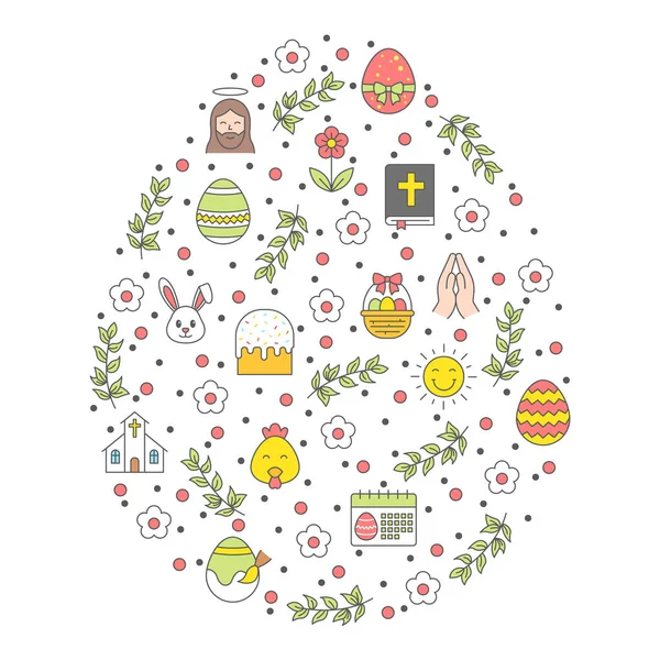 Happy Easter Icons Within Egg Shape, Ilustración de póster de vector de Pascua, conjunto de iconos de póster de vacaciones de Pascua, tarjeta de felicitación, plantilla de vector, carrera editable. — Vector de stock