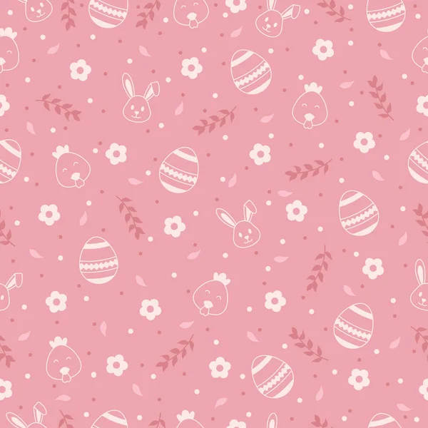 Tavşanlı, yumurtalı, çiçekli, dallı, pembe arka planda tavuklu mutlu paskalya şablonları. Tebrik kartı vektör simgeleri, hediye paketleme kağıdı ve duvar kağıdı illüstrasyonu.