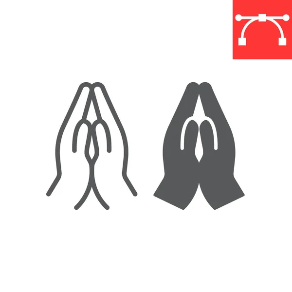 Молитва рук лінія і гліф значок, релігія і назва, руки складені в молитві Векторна іконка, Векторна графіка, знак зміненого обрису штриху, eps 10 . — стоковий вектор