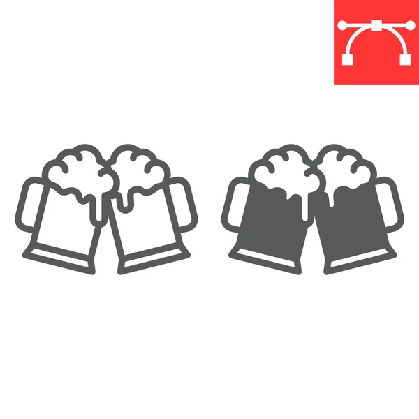 Grillage ligne de verres à bière et icône de glyphe, pub et alcool, deux verres d'icône vectorielle de bière, graphiques vectoriels, signe de contour de trait modifiable, eps 10. — Image vectorielle