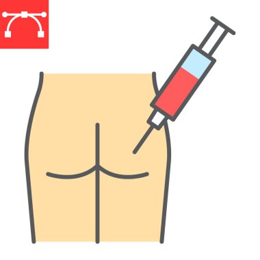 Kas içi enjeksiyon renk çizgisi simgesi, aşı ve şırınga, kalça enjeksiyonu vektör ikonu, vektör grafikleri, düzenlenebilir çizgi işareti, 10 PS.