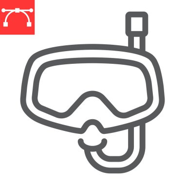 Dalış maskesi çizgisi simgesi, scuba galsses ve okyanus, dalış maskesi vektör ikonu, vektör grafikleri, düzenlenebilir çizgi işareti, 10.