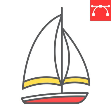 Yelkenli renk çizgisi simgesi, gemi ve seyahat, tekne vektör simgesi, vektör grafikleri, düzenlenebilir çizgi işareti, 10 PS.