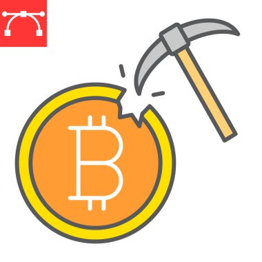 Bitcoin madencilik renk çizgisi simgesi, kripto para birimi ve bitcoin, kazma vektör ikonu, vektör grafikleri, düzenlenebilir çizgi işareti, 10 PS.