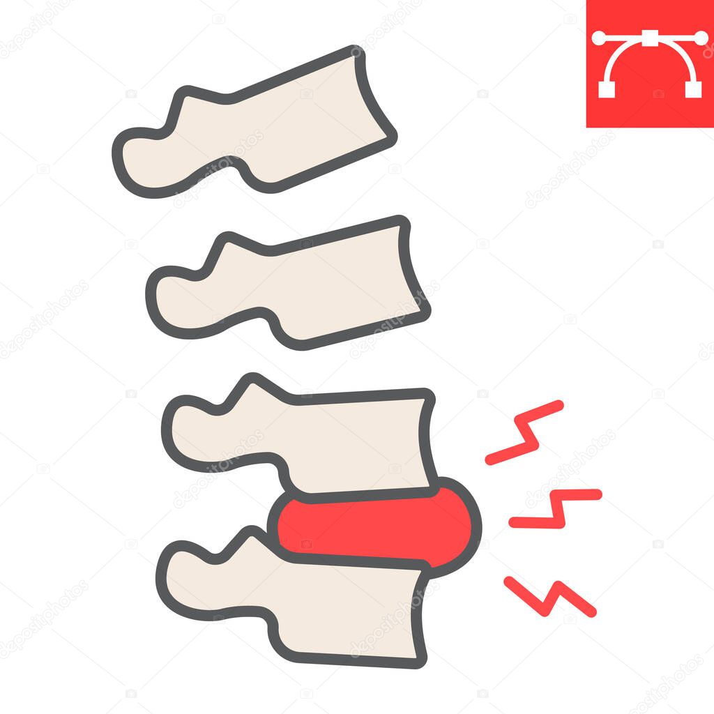 Spine pain color line icon, backache and backpain, herniated disc vector icon, vector graphics, editable stroke filled outline sign, eps 10