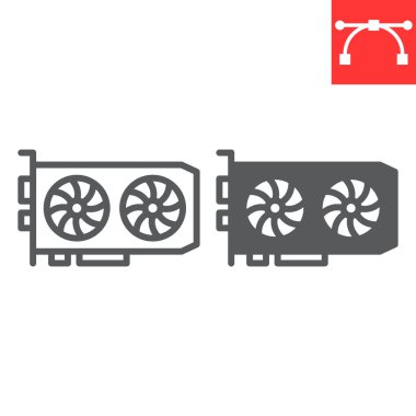 GPU kart satırı ve simge simgesi, donanım ve bitcoin madenciliği, grafik kart vektör simgesi, vektör grafikleri, düzenlenebilir çizgi işareti, 10 eps.